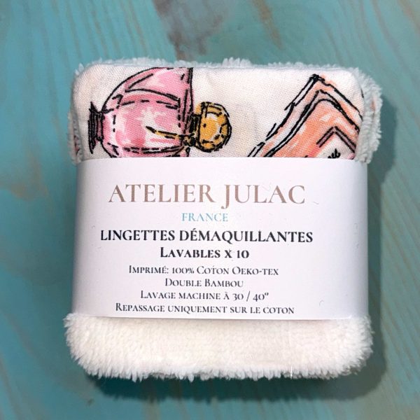10-cotons-lingettes-demaquillantes-lavables-double-bambou-et-coton-bouteilles-parfum-atelier-julac Lot de 10 lingettes démaquillantes lavables en bambou et coton motif parfum, avec étiquette Atelier Julac