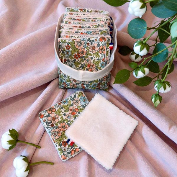 Lingette-coton démaquillante lavable bambou et coton – Atelier Julac lingette démaquillante lavable bambou coton fleuri vert lot de 20 avec panière