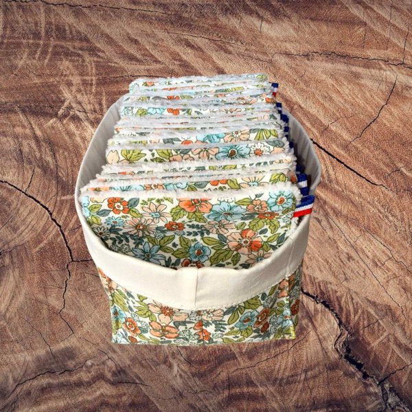 Panière et lingettes démaquillantes lavables bambou coton – Atelier Julac Panière en coton avec 20 lingettes lavables démaquillantes bambou et coton fleuri
