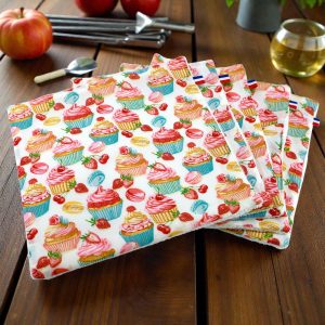 Feuilles essuie-tout lavables motif Cupcakes, coton imprimé et microfibre, Atelier Julac