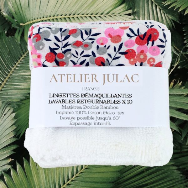 Lingette démaquillante lavable bambou et coton fleurs rouges Atelier Julac Lingette démaquillante lavable bambou et coton motif fleurs rouges — Atelier Julac