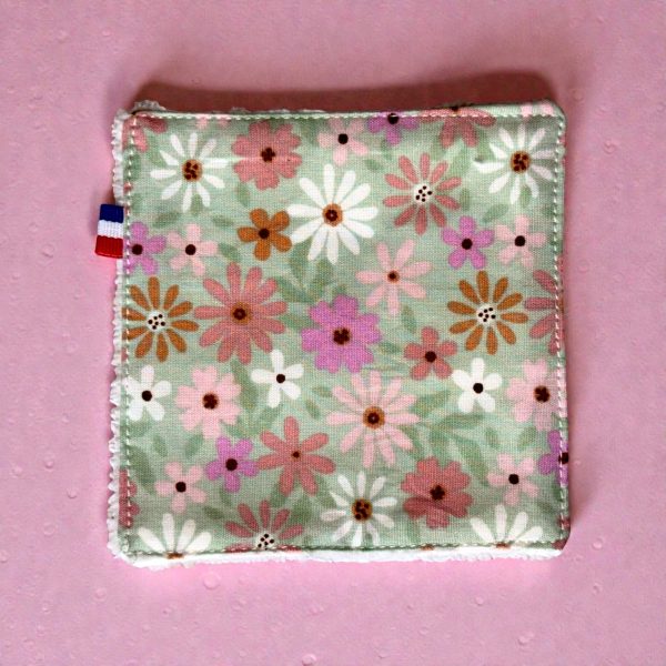 Lingette démaquillante lavable coton fleuri rose Atelier Julac Lingette démaquillante lavable coton fleuri rose et vert et bambou, Atelier Julac