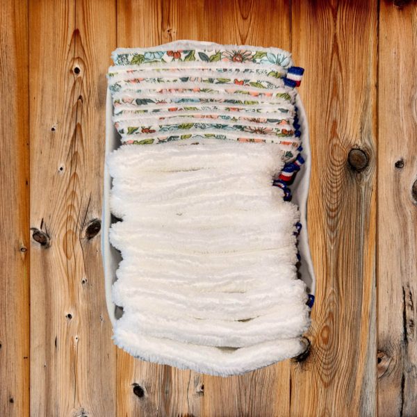 Panier cotons lavables bambou, 10 unis et 10 imprimés fleurs vertes, Atelier Julac
