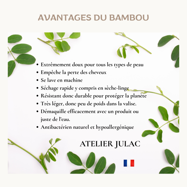avantages-du-bambou Infographie des avantages du bambou : doux, hypoallergénique, résistant, séchage rapide, antibactérien naturel – Atelier Julac