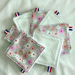 Coton lavable démaquillant bambou rayures vertes et fleurs roses - Atelier Julac