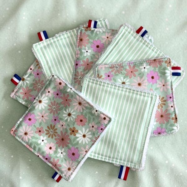 7 cotons lavables démaquillants bambou - rayures vertes et fleurs roses - Atelier Julac Coton lavable démaquillant bambou rayures vertes et fleurs roses - Atelier Julac