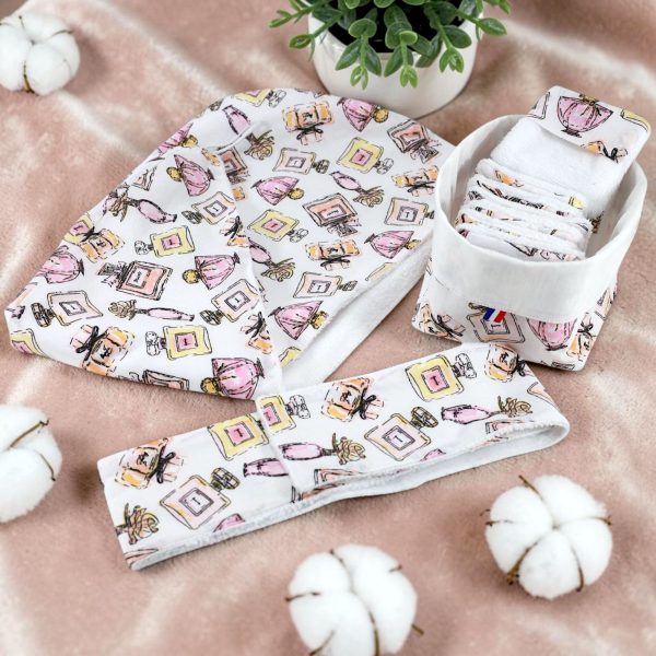 coffret-cotons-lavables-bandeau-soin-visage-serviette-cheveux-bambou-motif-parfum Coffret zéro déchet cotons lavables bandeau et serviette cheveux bambou Atelier Julac