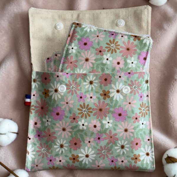 Pochette voyage 7 cotons lavables démaquillants bambou fleurs roses Kit de démarrage zéro déchet - pochette et 7 cotons lavables bambou Atelier Julac