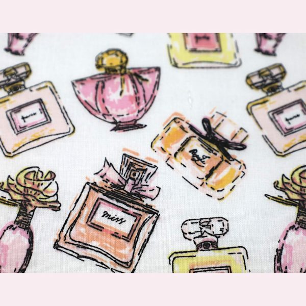 tissu-parfum-en-coton-motif-bouteilles-de-parfum Tissu coton imprimé Bouteilles de parfum Atelier Julac