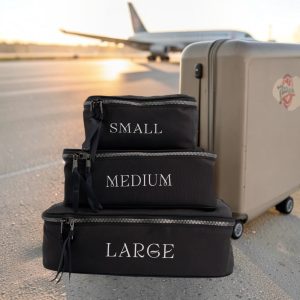 Cubes de rangement valise noirs, lot de 3 tailles Small, Medium et Large empilés devant une valise et un avion, MOONLAC chez Atelier Julac