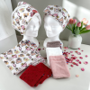 Kit zéro déchet salle de bain lavable Kit zéro déchet salle de bain lavable Atelier Julac en viscose de bambou, motif flacons de parfum : serviette cheveux, bandeau, serviettes visage et cotons lavables