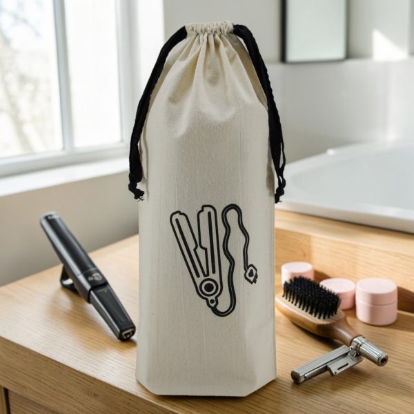 Sac de rangement lisseur à cheveux en coton écru Sac de rangement pour lisseur à cheveux en coton écru imprimé fer à lisser, cordon noir, MOONLAC chez Atelier Julac