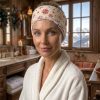 Bandeau de soins visage Noël beige flocons rouges porté salle de bain chalet Femme en peignoir blanc portant un bandeau de soins visage Noël beige à flocons rouges dans une salle de bain de chalet de montagne, bandeau cousu main par Atelier Julac
