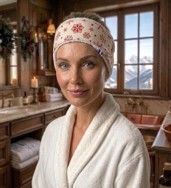 Bandeau de soins visage Noël beige flocons rouges porté salle de bain chalet Femme en peignoir blanc portant un bandeau de soins visage Noël beige à flocons rouges dans une salle de bain de chalet de montagne, bandeau cousu main par Atelier Julac