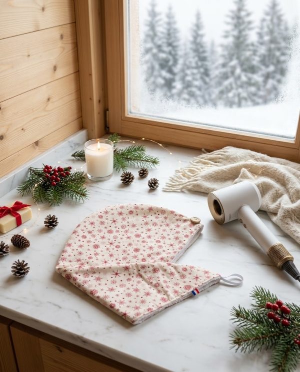Serviette cheveux bambou Noël beige flocons de neige chalet Serviette cheveux en bambou Noël beige à flocons de neige rouges, posée sur un plan de salle de bain en marbre avec bougie, branches de sapin et sèche-cheveux, devant une fenêtre enneigée, cousue main par Atelier Julac