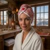 Serviette cheveux bambou Noël rouge nordique portée en turban chalet Femme en peignoir blanc avec une serviette cheveux en bambou Noël rouge motif nordique nouée en turban, dans une salle de bain de chalet de montagne, serviette cousue main par Atelier Julac