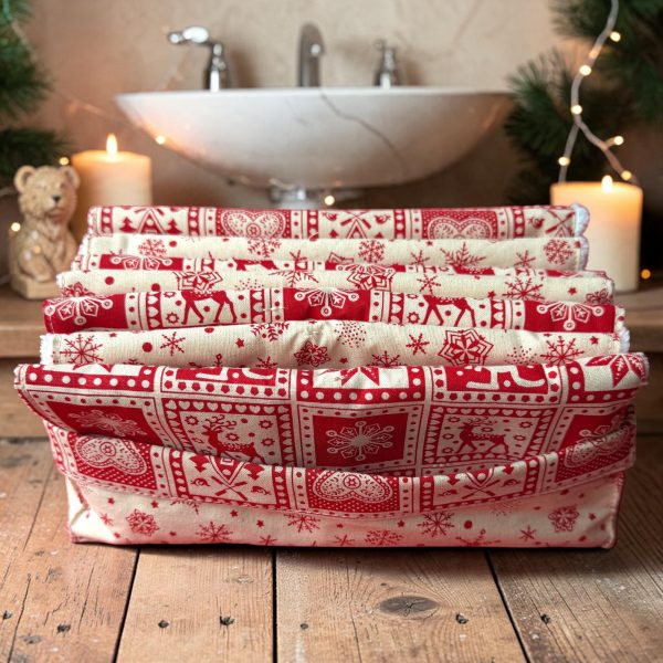 Panière lavable pour serviettes visage Noël montagne, Atelier Julac Panière en tissu rouge motif scandinave remplie de serviettes visage lavables Noël montagne, Atelier Julac